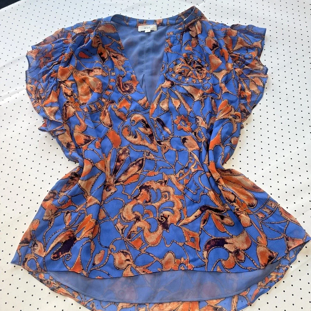 A.L.C. 100% Silk Ruffle Sleeve Blouse Size 2 Blue Orange Abstract Print Top - Picture 2 of 8